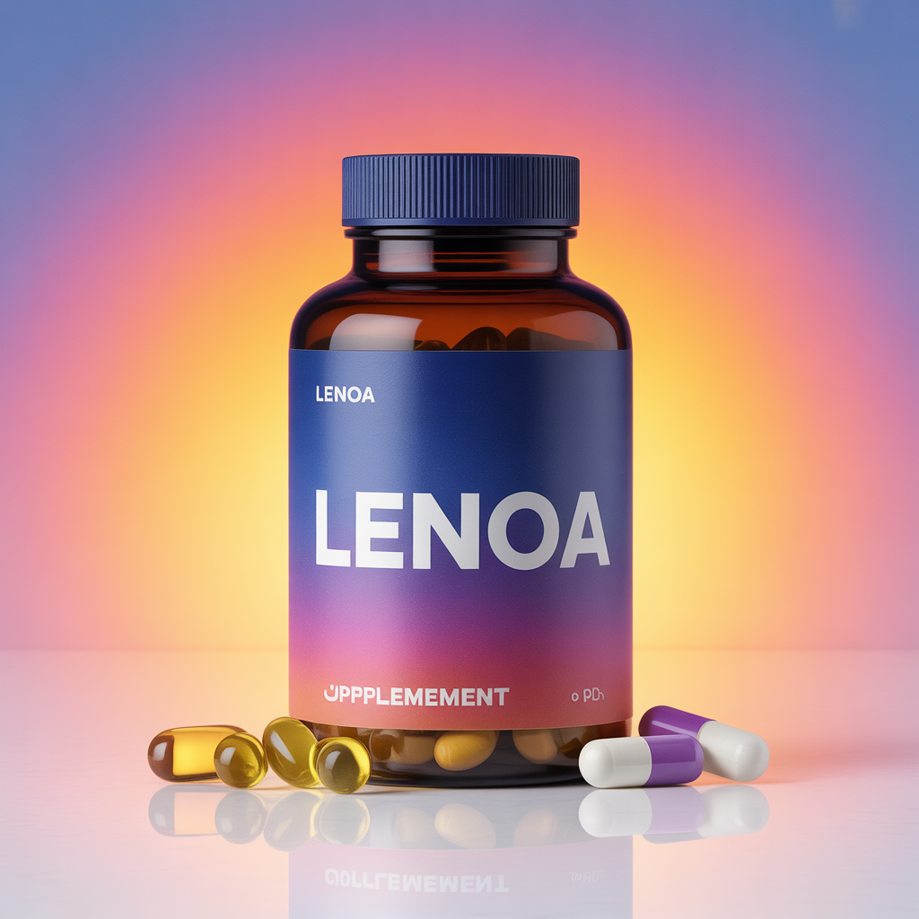 Stylized Lenoa supplement bottle with emerald, violet, and ruby gradient labeling on a dark background